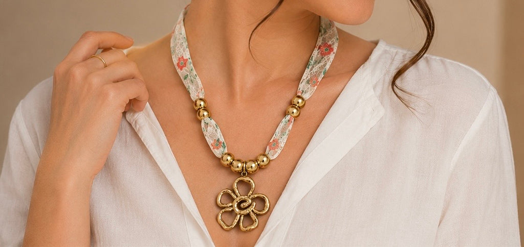 Floral Ribbon Pendant Necklace