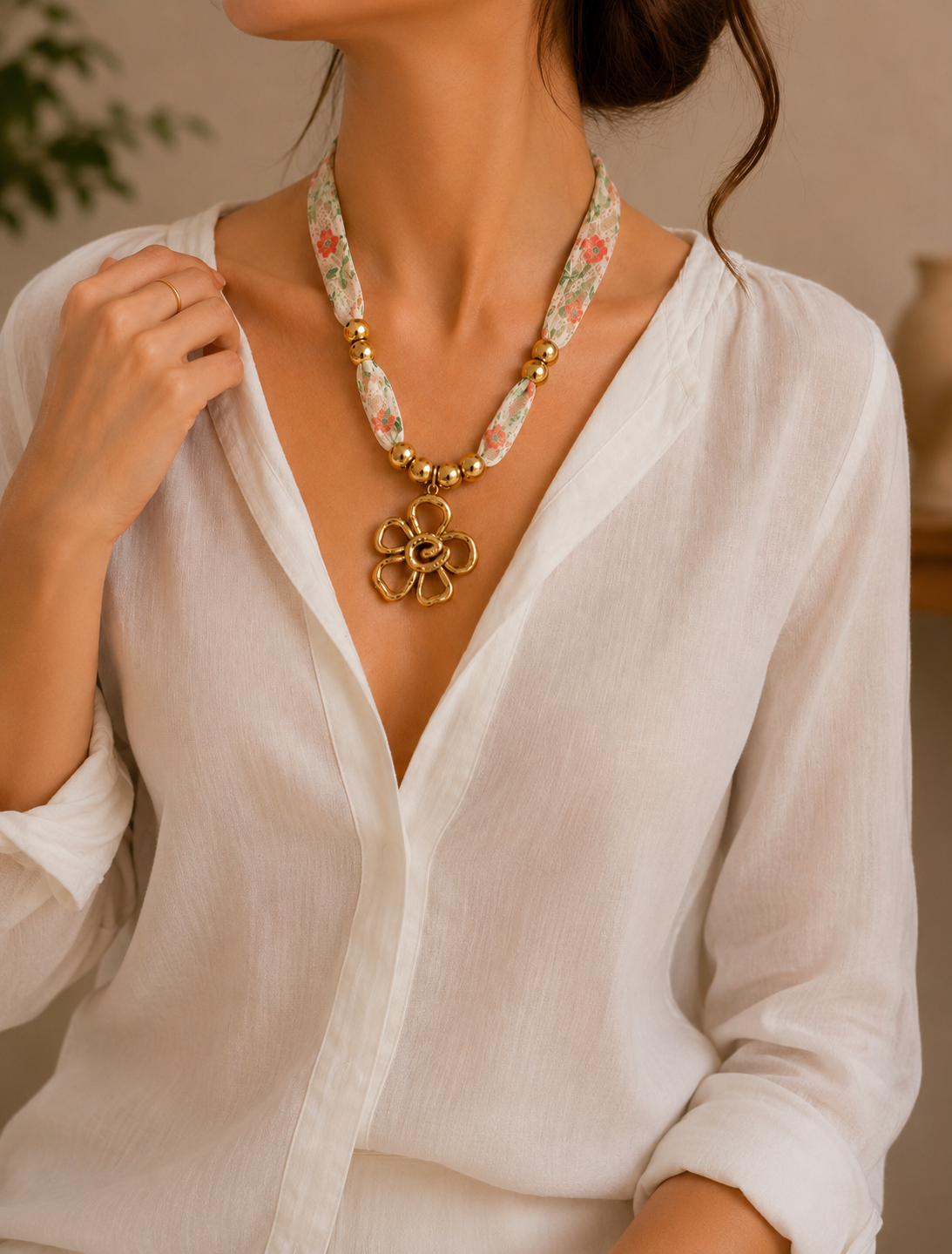 Floral Ribbon Pendant Necklace