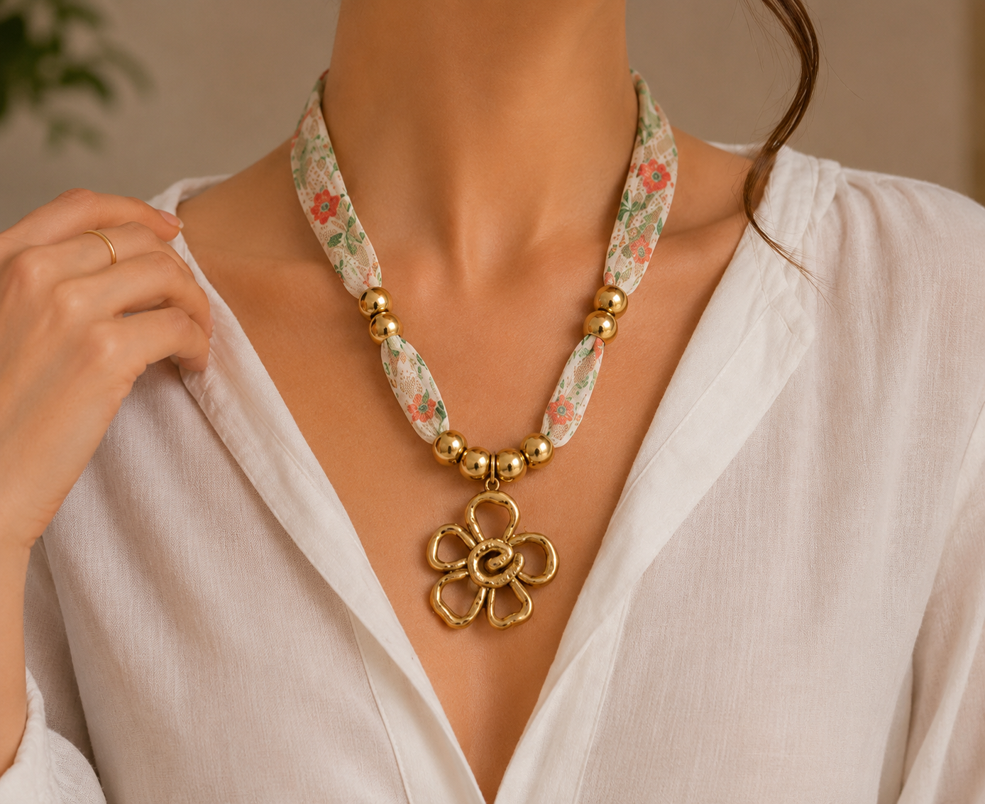 Floral Ribbon Pendant Necklace