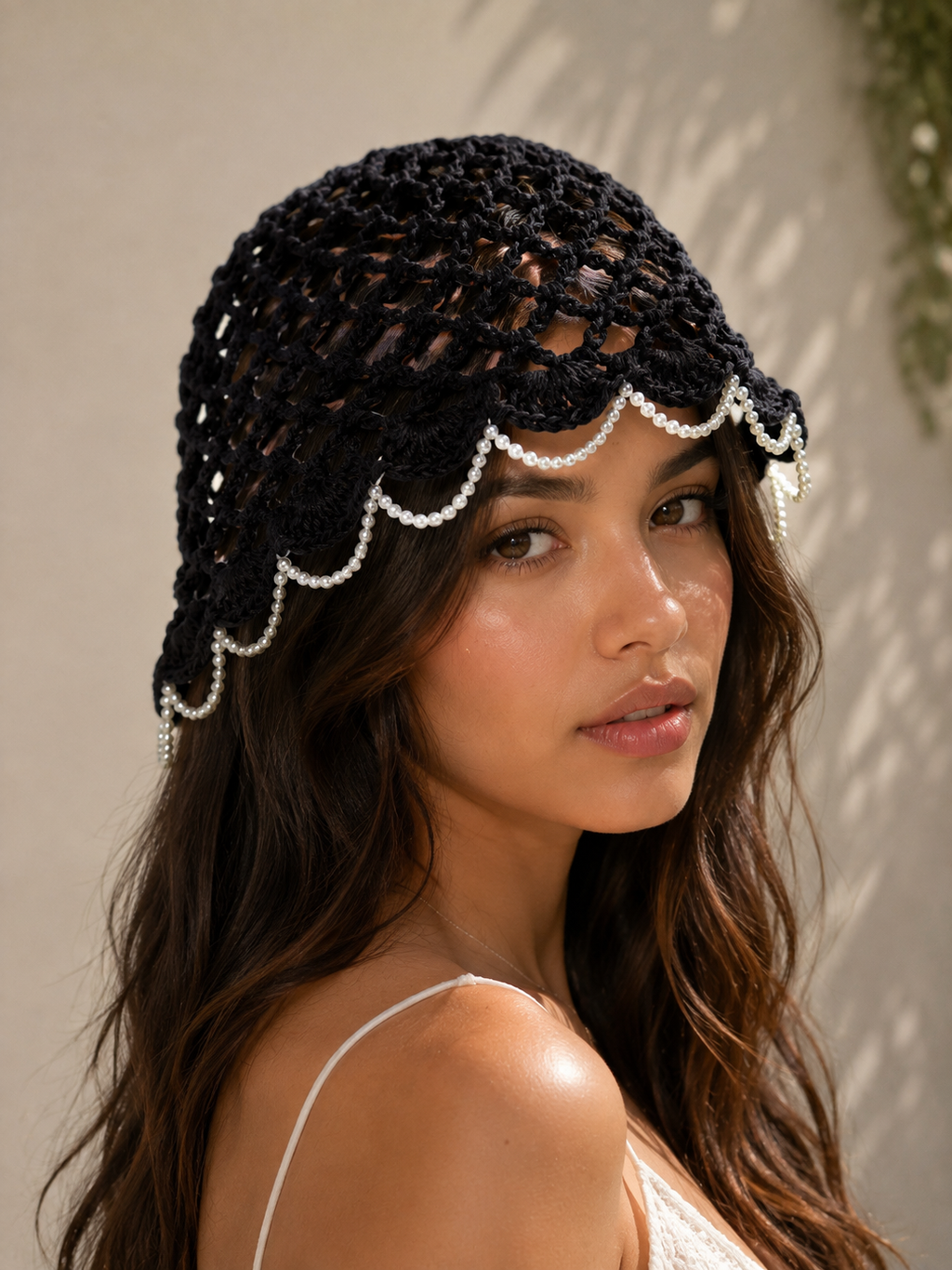 Pearl Crochet Bucket Hat — Black