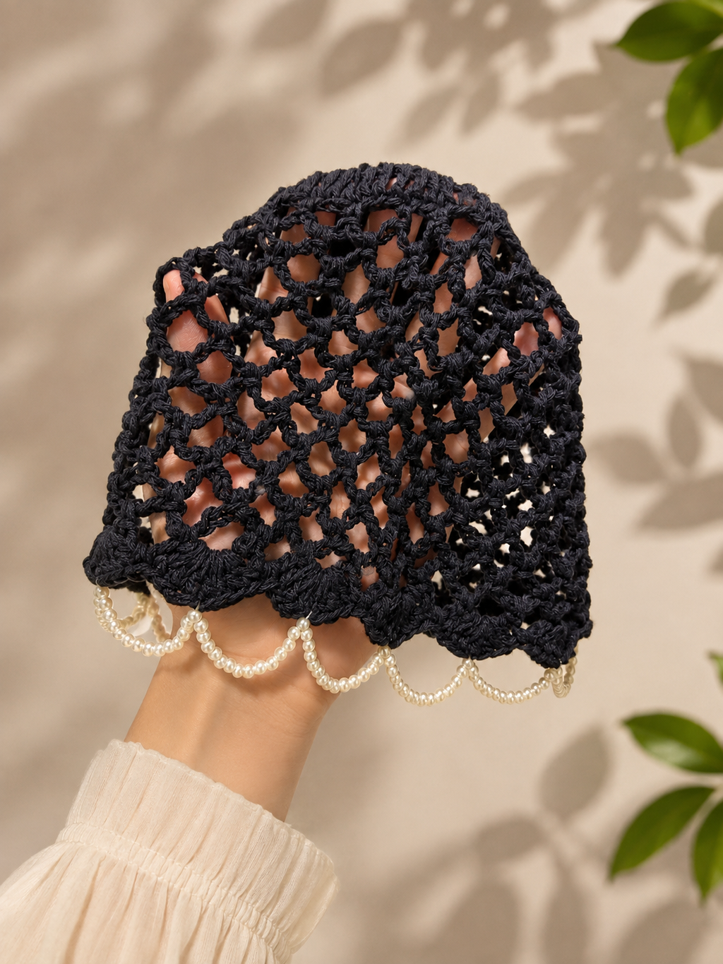 Pearl Crochet Bucket Hat — Black