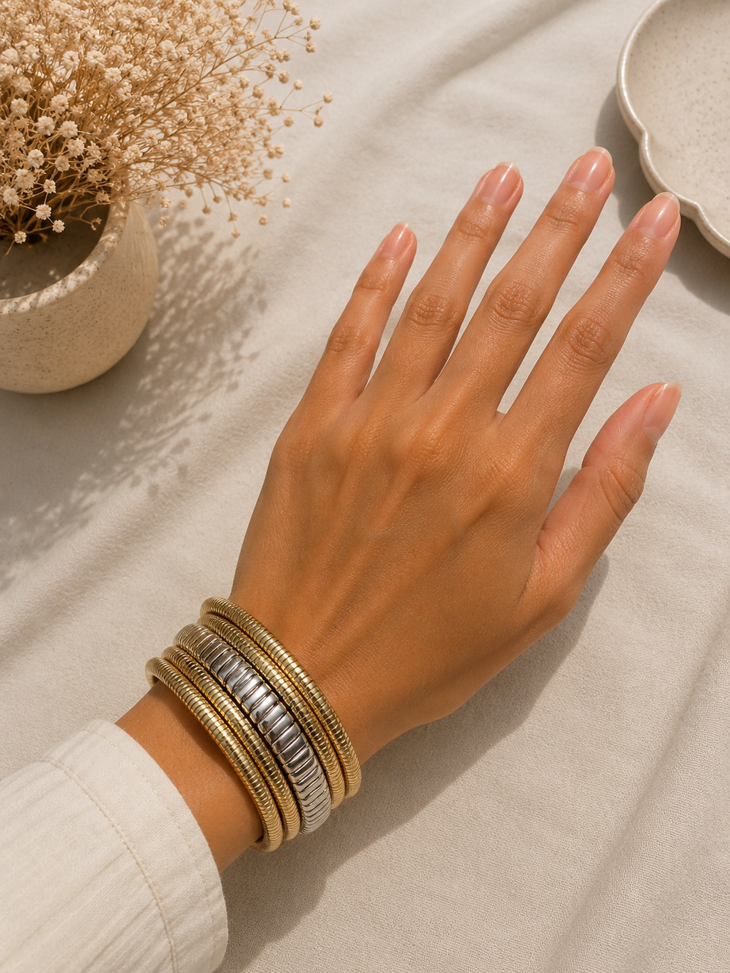 Gold & Silver Ribbed Bracelet Stack