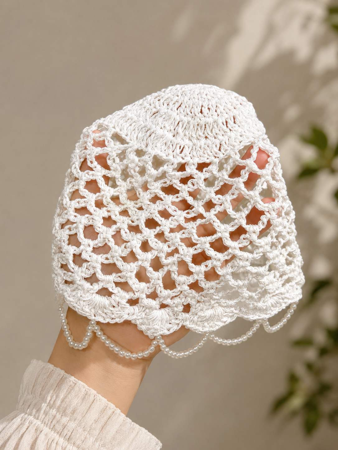 Pearl Crochet Bucket Hat — White