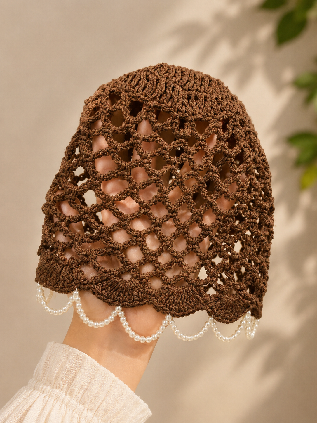 Pearl Crochet Bucket Hat — Brown